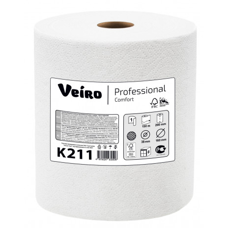 Бумажные полотенца Veiro Professional Comfort, в рулоне с центральной вытяжкой, 150 м, 1 слой (6 шт/упак), арт. K211, Veiro Professional
