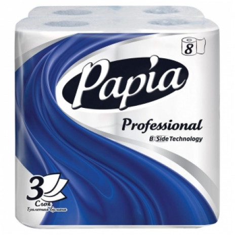 Туалетная бумага «Papia» Professional, 8 шт, 3 слоя, белая, ультрамягкая 100% целлюлоза, упак, арт. 3117 / 5060404,