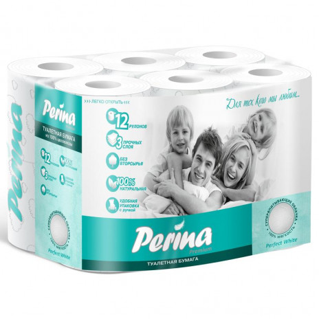 Туалетная бумага «Perinа» 12 рулонов, 3 слоя, белая, ультрамягкая,100% целлюлоза, арт. 2847, Perinа