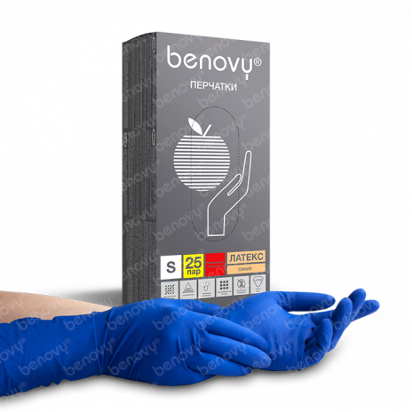 Перчатки латексные, BENOVY Latex High Risk повышенной прочности, синие, 25 пар в упаковке, арт. 15531, Benovy
