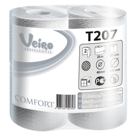 Туалетная бумага Veiro Professional Comfort в стандартных рулонах, 200 листов 9,5 x 12,5 см, 2 слоя (8 шт/упак), арт. 207 T, Veiro Professional