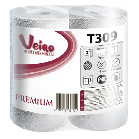 Туалетная бумага Veiro Professional Premium в стандартных рулонах, 160 листов 9,5 x 12,5 см, 3 слоя (8 шт/упак), арт. 309 T, Veiro Professional