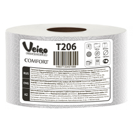 Туалетная бумага Veiro Professional Comfort в средних рулонах, 1000 листов 9,5 x 12,5 см, 2 слоя (12 шт/упак), арт. 206 T, Veiro Professional