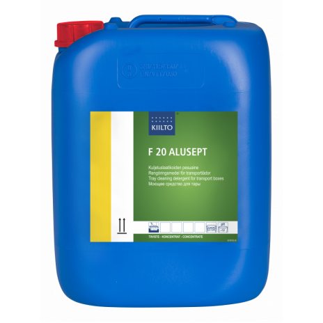 F 20 ALUSEPT (Ф 20 АЛУСЕПТ) — Сильнощелочное дезинфицирующее моющее средство для тары Содержит гипохлорит натрия (активный хлор) pH 14,0, 10 л, арт. 205104, Kiilto(Farmos)