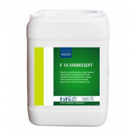 F 14 FARMOSEPT (Ф 14 ФАРМОСЕПТ) — Сильнощелочное дезинфицирующее пенное моющее средство без хлора pH 14,0, 10 л, арт. 205069, Kiilto(Farmos)