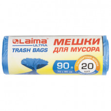Мешки для мусора LAIMA ULTRA 90 л синие 20 шт. прочные, ПНД 14 мкм, 70х90 см, арт. 607693