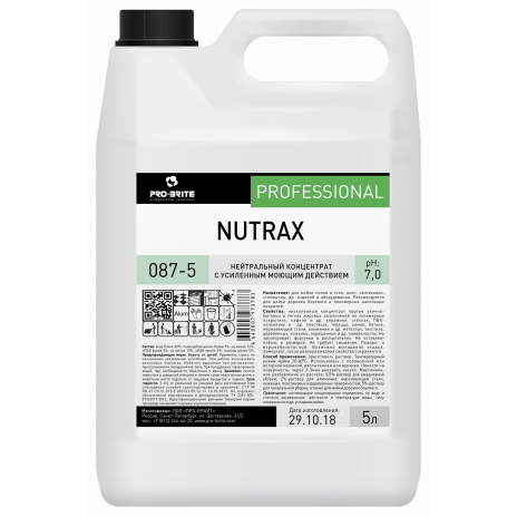 Нейтральный концентрат c усиленным моющим действием для уборки твёрдых поверхностей NUTRAX, 10 л, арт. 087-10, Pro-Brite