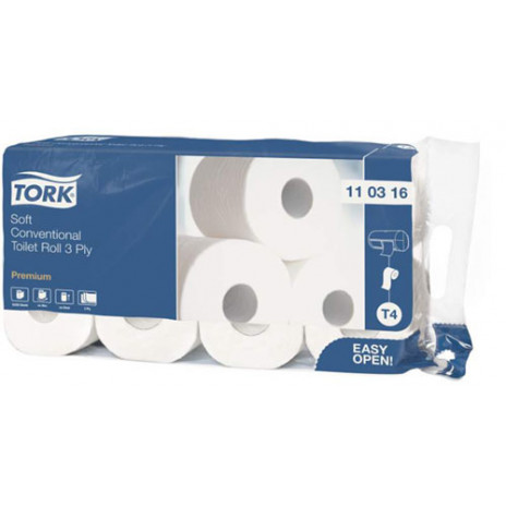  Бумага туалетная в стандартных рулонах Tork Premium, T4 ультрамягкая, 3 слоя, 250 л, белый, (8рул/упак), арт. 110316, Tork