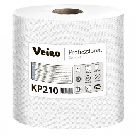 Полотенца для рук в рулонах c центральной вытяжкой Veiro Professional Comfort, С1, 1 слой, 200 м, белый, рул (6 шт/упак), арт. 210 KP, Veiro Professional