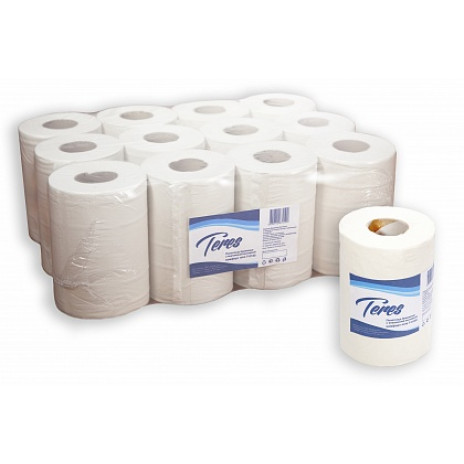 Бумажные полотенца в рулонах с центральной вытяжкой Терес Комфорт 1-слой, mini, 120 м, белая целлюлоза, тиснение (12 шт/упак), арт. Т-0130, Терес