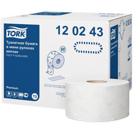 Туалетная бумага в мини рулонах Tork Premium мягкая, 1 214 листов, 2 слоя, размер 170*10 см, белый, Т2 (12 шт/упак), арт. 120243, Tork
