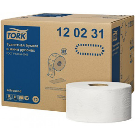 Туалетная бумага в мини рулонах Tork Advanced, 1 214 листов, 2 слоя, размер 170*10 см, белый, Т2 (12 шт/упак), арт. 120231, Tork