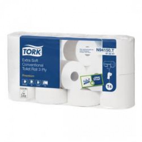 Туалетная бумага в стандартных рулонах Tork Premium, 153 листа, 3 слоя, размер 19*10,2 см, белый, Т4 ультрамягкая (8 шт/упак), арт. 472241, Tork