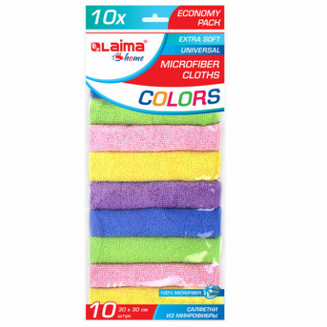 Салфетка из микрофибры 30х30 см 'MULTI COLOUR ECONOMY PACK 10', КОМПЛЕКТ 10 шт., LAIMA HOME, 607794