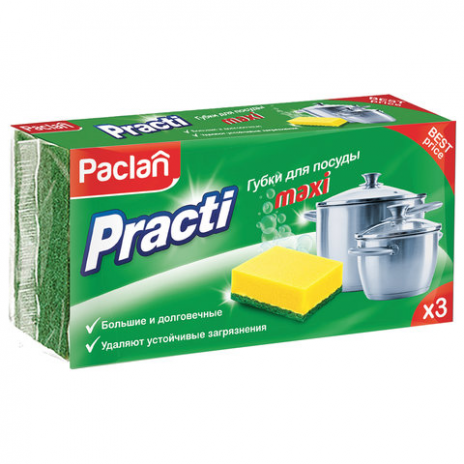 Губки бытовые для мытья посуды, КОМПЛЕКТ 3 шт., чистящий слой (абразив), PACLAN 'Practi Maxi', 409121, Paclan