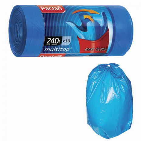Мешки для мусора 240 л, с ушками, синие, рулон 10 шт., ПВД, 40 мкм, 90х145 см, PACLAN 'Multitop', 134451, Paclan