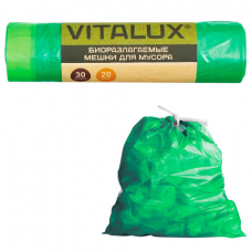 Мешки для мусора 30 л, биоразлагаемые, завязки, зеленые, в рулоне 20 шт., ПНД, 14 мкм, 65х50 см, VITALUX, 1244