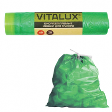 Мешки для мусора 60 л, биоразлагаемые, завязки, зеленые, в рулоне 20 шт., ПНД, 14 мкм, 75х60 см, VITALUX, 1251