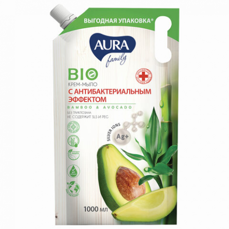 Мыло-крем с антибактериальным эффектом 1 л AURA 'Бамбук и авокадо', без триклозана, дой-пак, 10199, AURA