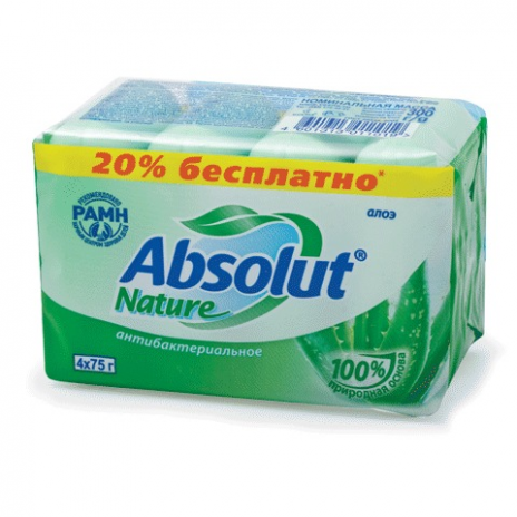 Мыло туалетное антибактериальное 300 г ABSOLUT (Абсолют) КОМПЛЕКТ 4 шт. х 75 г 'Алоэ',без триклозана, 6065, ABSOLUT