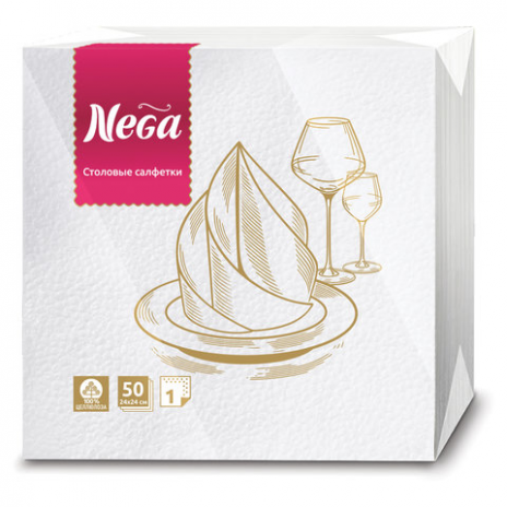 Салфетки бумажные, 50 шт., 24х24 см, 2-х слойные, 'NEGA' ('Нега'), белые, 100% целлюлоза, NEGA