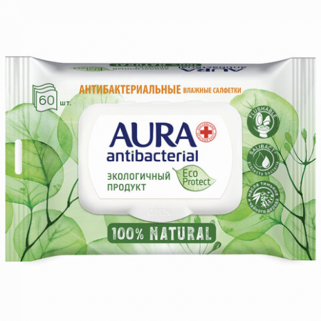 Салфетки влажные антибактериальные 60 шт., AURA Antibacterial 'ECO Protect', клапан крышка, 10509, AURA