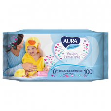 Салфетки влажные КОМПЛЕКТ 100 шт., для детей AURA 'Ultra comfort', универсальные, очищающие, гипоаллергенные, без спирта, 5637