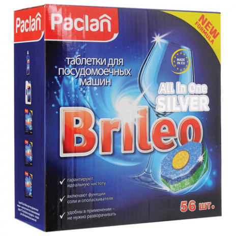Таблетки для мытья посуды в посудомоечных машинах 56 шт., PACLAN Brileo 'All in one Silver', 419170, Paclan