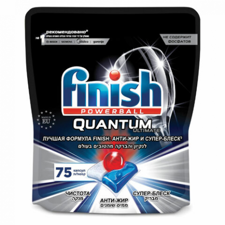 Таблетки для мытья посуды в посудомоечных машинах 75 шт. FINISH Quantum Ultimate, дой-пак, 3120823, FINISH