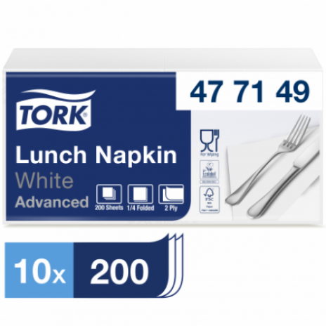 Салфетки Tork, 33х33, категория Advanced, 2-сл., белые, 200, (10шт/уп), арт. 477149, Tork