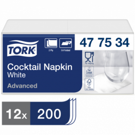 Салфетки Tork, 24х24, категория Advanced, 2-сл., белые, 200, (12шт/уп), арт. 477534, Tork