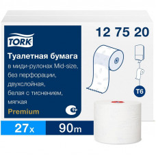 Tork туалетная бумага в стандартных рулонах мягкая, категория Premium, 2-слоя, 90 метров, (27 шт/упак), арт. 120320	