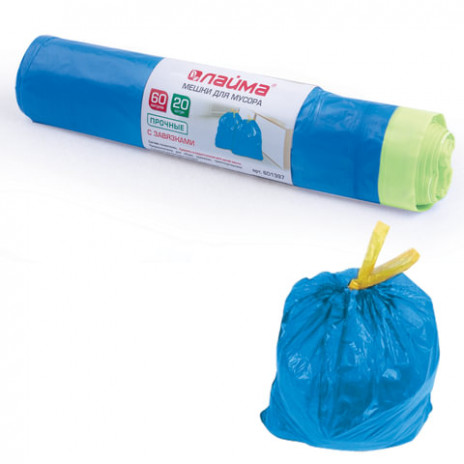 Мешки для мусора 60 л, завязки, синие, в рулоне 20 шт., ПНД, 12 мкм, 55х62 см (±5%), прочные, ЛАЙМА, 601397, ЛАЙМА